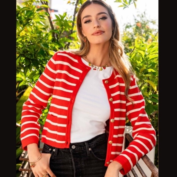 J. Crew “Emilie Sweater Lady Jacket” Red/Cream Stripe Size XL EUC! - Picture 1 of 8